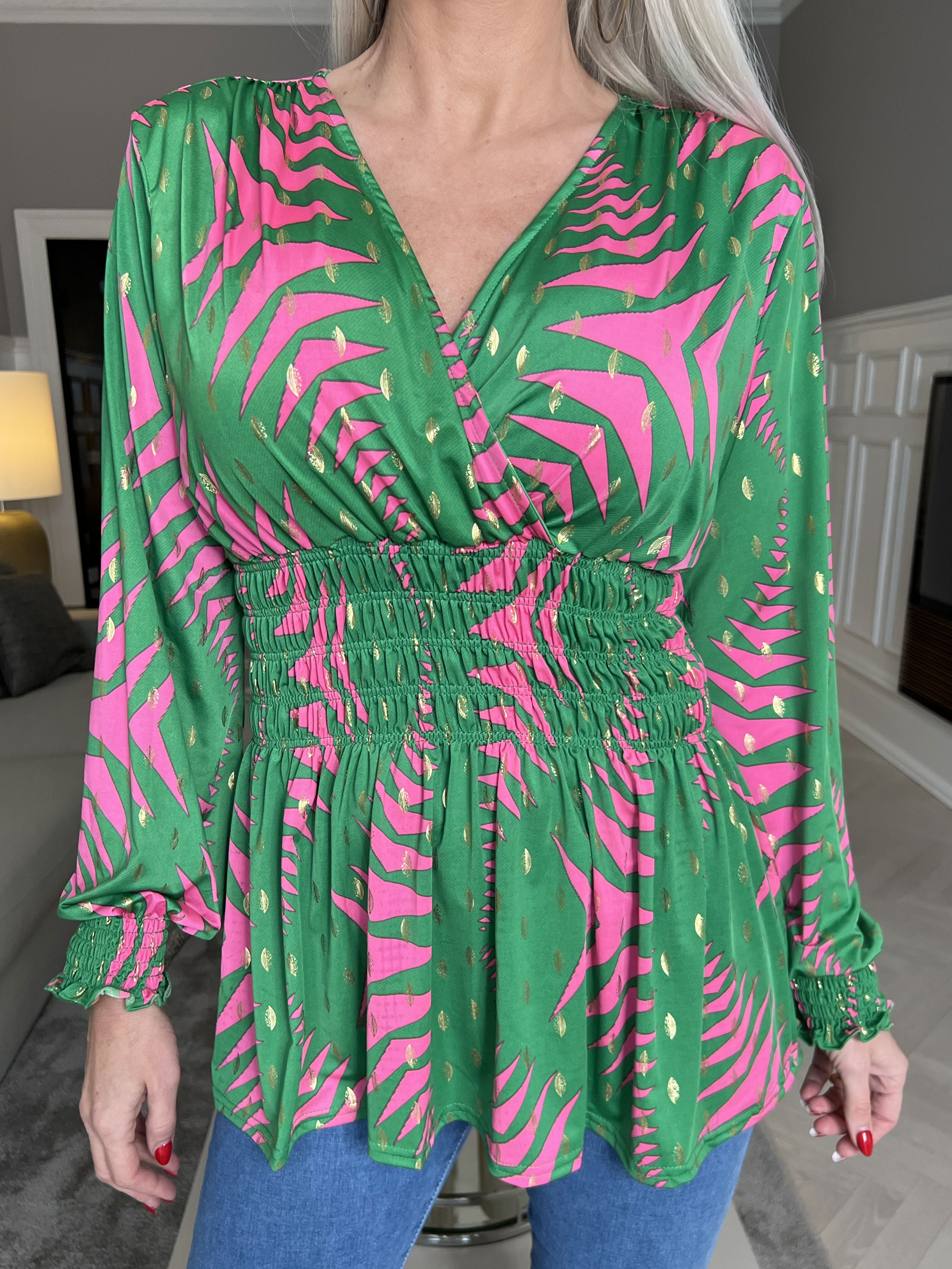 Pams Pattern Shirt L/S - Elastisk blus i skrynkelfritt tyg med långa ärmar